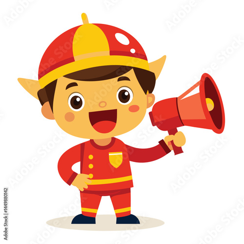 Discover our charming firefighter mascot, energetically speaking through a megaphone in this delightful cartoon illustration! This playful character design blends the courage of firefighting with effe