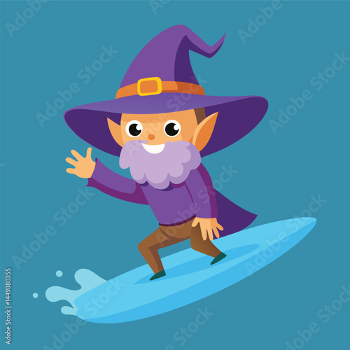 Dive into enchantment with our adorable wizard, skillfully depicted surfing in this whimsical cartoon illustration! This playful character design merges the magic of wizardry with the thrill of surfin