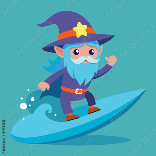Dive into enchantment with our adorable wizard, skillfully depicted surfing in this whimsical cartoon illustration! This playful character design merges the magic of wizardry with the thrill of surfin