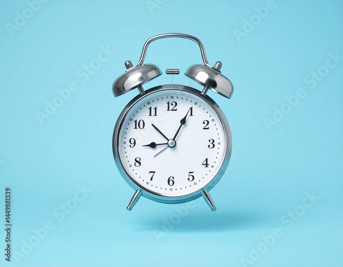 Vintage style silver alarm clock flying on blue background