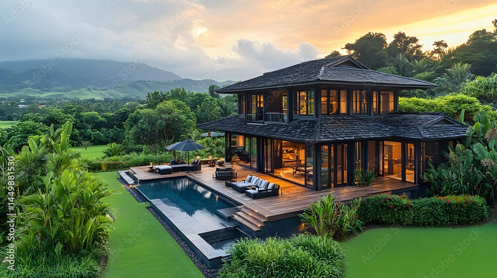 tropical modern home with courtyard, with floating deck and rural surroundings, bird-eye perspective of property, peaceful countryside field tropical modern home with courtyard, with floating deck and rural surroundings, bird-eye perspective of property, peaceful countryside field