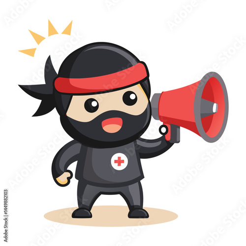 Explore the dynamic design of a cute ninja speaking on a megaphone in this mascot icon illustration. Perfect for adding a bold and communicative touch to your projects, this illustration is ideal for 