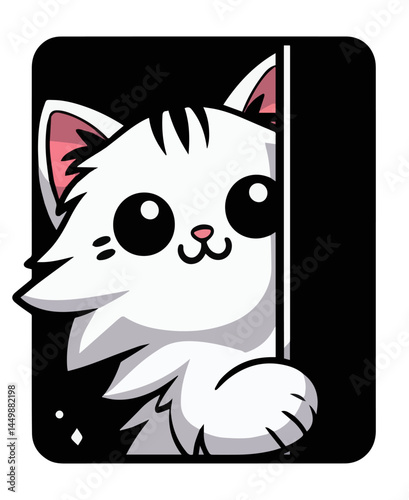 A postcard with a white cartoon kitten with big eyes, pink ears and cheeks peeking out from under the door on a white isolated background. Vector graphics. EPS.