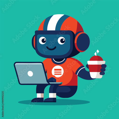 Meet our adorable American football player mascot, depicted working on a laptop with a cup of coffee in hand! This charming and playful illustration combines the intensity of football with a relaxed, 