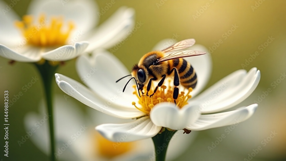 Bees collect nectar from a flower. Close-up of a bee sitting on a bright flower and collecting pollen. Focus on the details of the insect and the flower. Bees collect nectar from a flower. Close-up of a bee sitting on a bright flower and collecting pollen. Focus on the details of the insect and the flower.