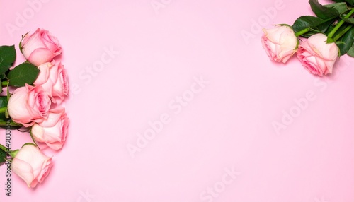 Beautiful flower composition. Blank frame for text, pink rose flowers on a pastel pink background 