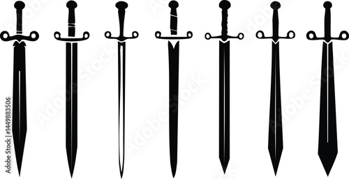 Epic Vector Illustration of Legendary Sword Silhouettes with Sharp Edges, Decorative Handles, and Timeless Warrior Weapon Designs in a Minimalist and Bold Graphic Style

