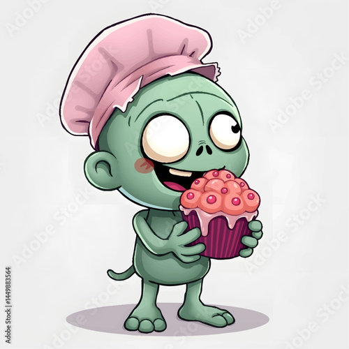 zombie chef holding cupcake with friendly grin