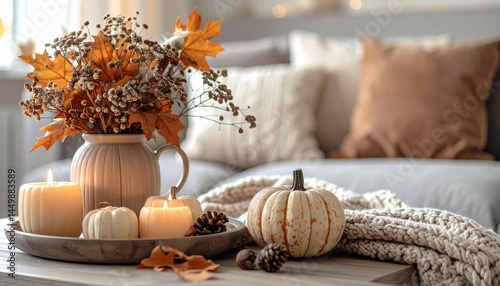 Autumn home decoration close up, muted colors, holiday photorealistic aesthet
