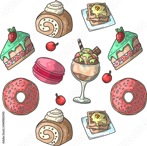 Delicious Sweet Treats Colorful Cartoon Illustration of Pastries Ice Cream and Donuts