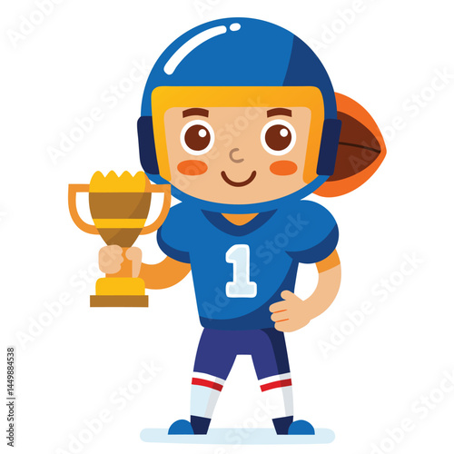 Celebrate victory with our adorable American football player mascot proudly holding a trophy! This charming illustration captures the excitement and joy of winning, featuring a cute football player wi