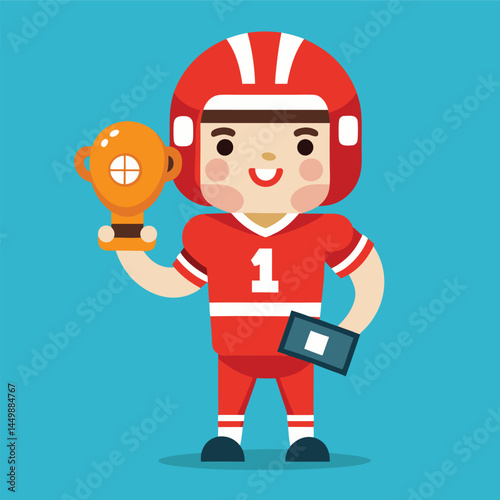 Celebrate victory with our adorable American football player mascot proudly holding a trophy! This charming illustration captures the excitement and joy of winning, featuring a cute football player wi