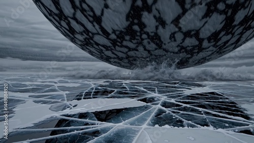 Gigantic dark sphere crashing on frozen cracked lake under dark cloudy sky, causing destruction, chaos and huge waves, in a cold, desolated and dramatic landscape