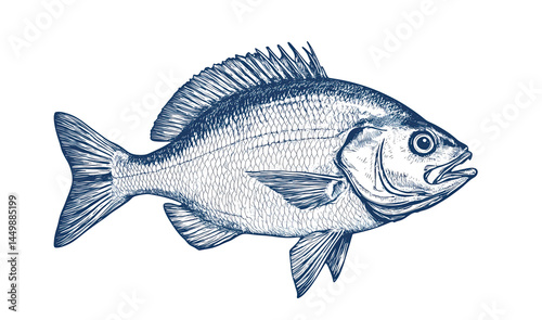 Fish sketch dorado gilt-head bream. Vintage retro print, black white gilt-head bream fish sketch ink pencil style drawing, linear drawing, engrave old school. Sketch artwork dorado fish. Illustration