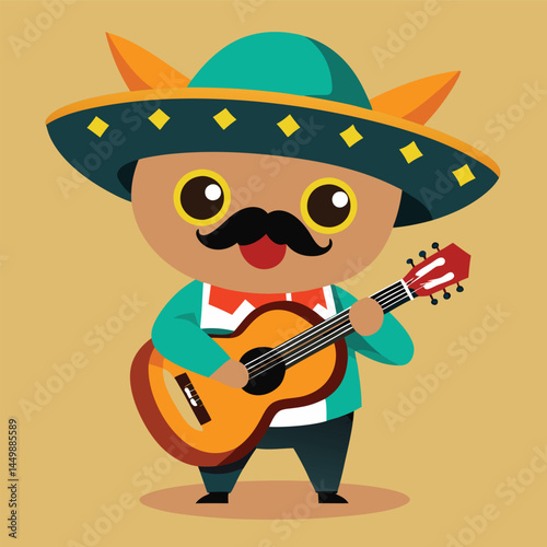 Explore the festive design of a cute Mexican mariachi playing guitar and singing in this cartoon mascot illustration. Perfect for adding a lively and cultural touch to your projects, this illustration