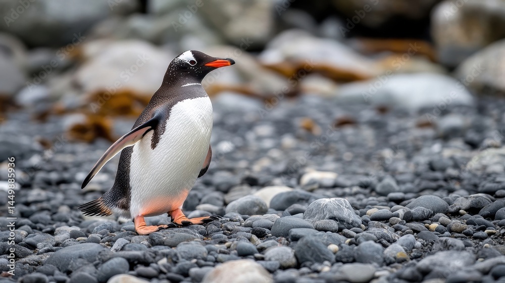 Naklejka premium gentoo penguin on rocky beach