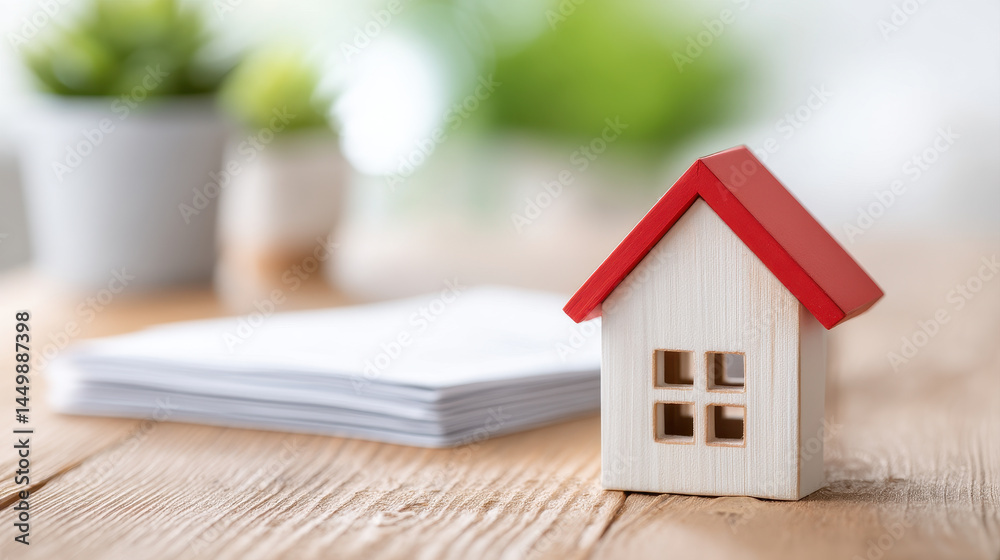Small wooden house model with red roof sits on desk next to stack of papers, symbolizing real estate and home ownership Small wooden house model with red roof sits on desk next to stack of papers, symbolizing real estate and home ownership