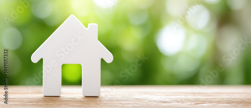 White house figurine symbolizes property ownership and insurance, set against blurred green background, evoking sense of tranquility and security
