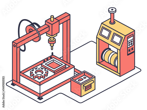 Vector of 3D printing machines in operation producing industrial components, isolated on white background.
