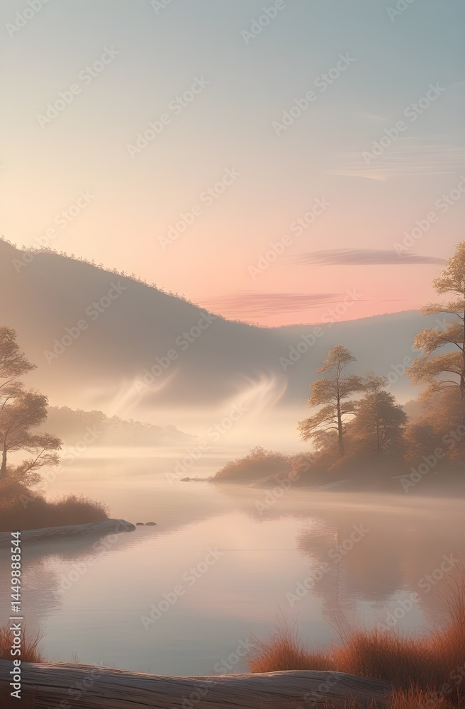 Naklejka premium A beautiful sunrise paints the mountain landscape and reflects over the calm river under a misty morning sky