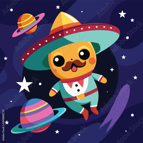 Discover the whimsical design of a cute Mexican mariachi floating in space in this cartoon mascot illustration. Perfect for adding a playful and unique touch to your projects, this illustration blends