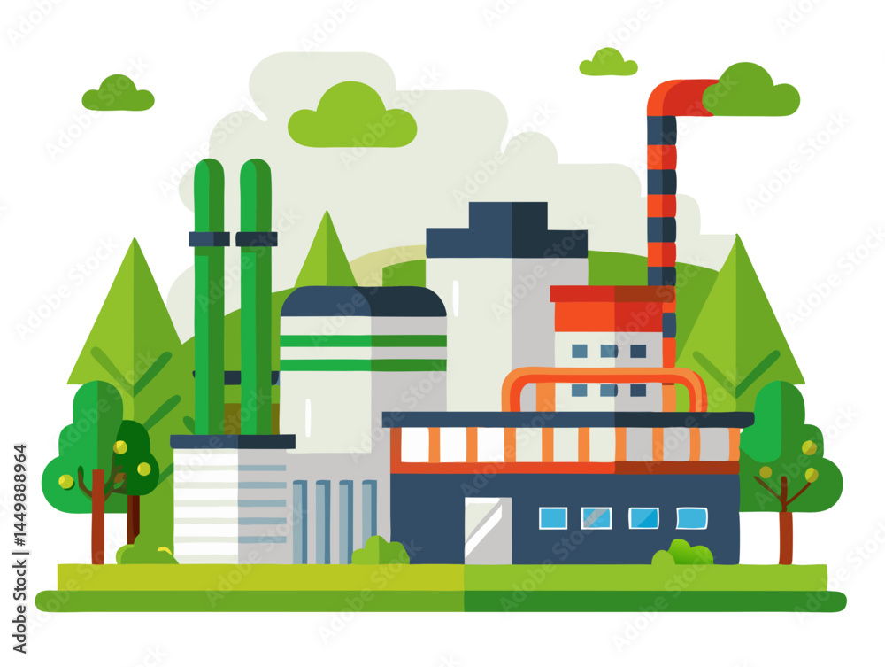 Vector of modern factory with clean air emission filters and green environment concept, isolated on white background.
Vector of modern factory with clean air emission filters and green environment concept, isolated on white background.