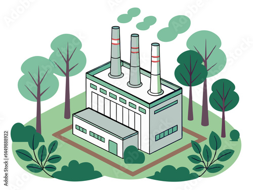 Vector of modern factory with clean air emission filters and green environment concept, isolated on white background.

