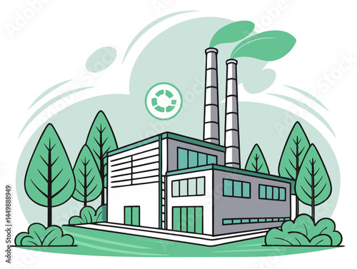 Vector of modern factory with clean air emission filters and green environment concept, isolated on white background.
