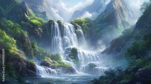 serene waterfall in lush mountain valley