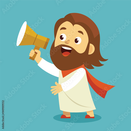 Explore the unique and endearing design of cute Jesus Christ speaking on a megaphone in this vector cartoon Christian illustration. Perfect for adding a joyful and contemporary touch to your religious