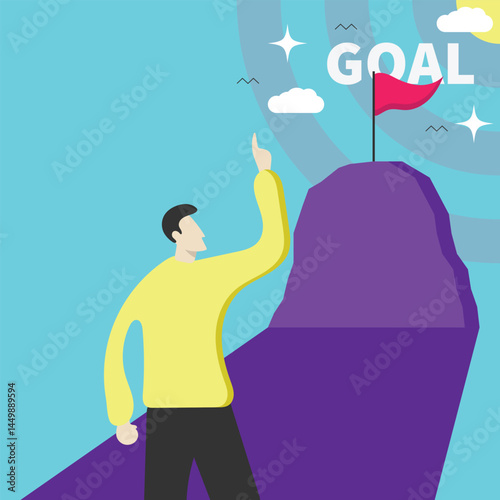 Reaching the Pinnacle of Purpose: A determined individual gazes toward the pinnacle, visualizing achievement and setting the stage for triumph.