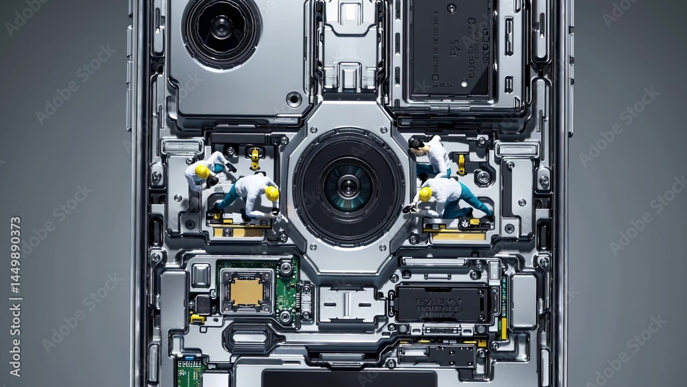 Miniature technicians are working on a large smartphone, repairing the camera lens and other components, showcasing the intricate technology within modern mobile devices Miniature technicians are working on a large smartphone, repairing the camera lens and other components, showcasing the intricate technology within modern mobile devices