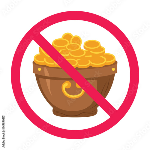 Forbidden sign with gold coins icon, treasure chest prohibition sign, no treasure symbol, flat icon design vector illustration