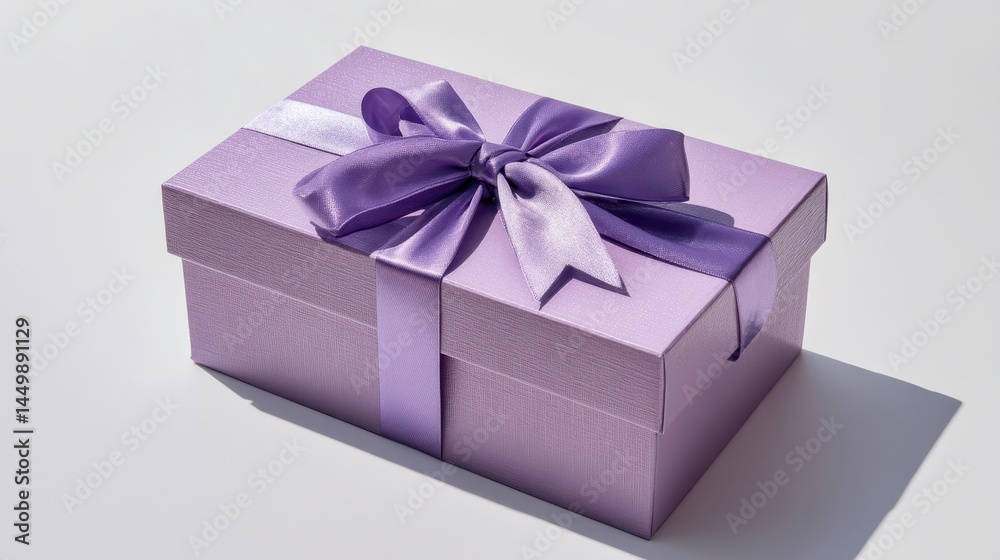 Obraz premium Minimal photo of a lilac rectangular gift box with a decorative bow, laid on a bright white background with soft shadows