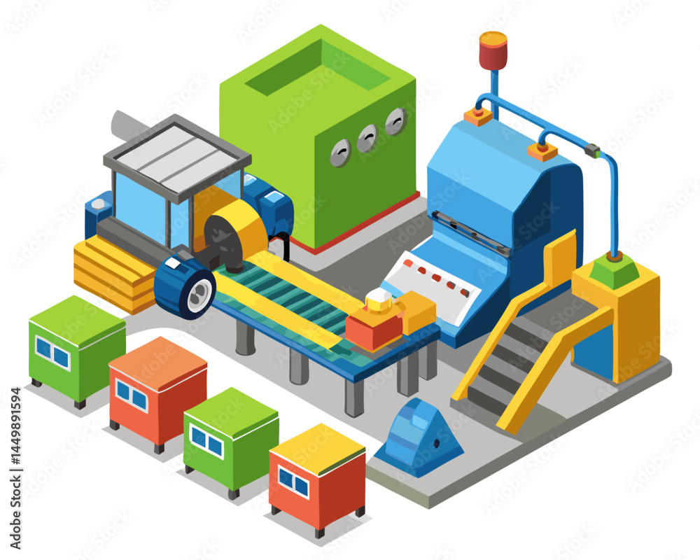 Fototapeta premium Vector of a recycling facility with machines processing waste materials, isolated on white background. 