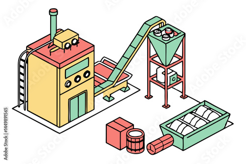 Vector of a recycling facility with machines processing waste materials, isolated on white background.
