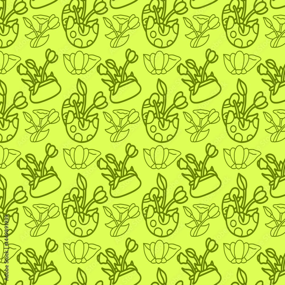 Fototapeta premium Easter flowers vector pattern with various accessories