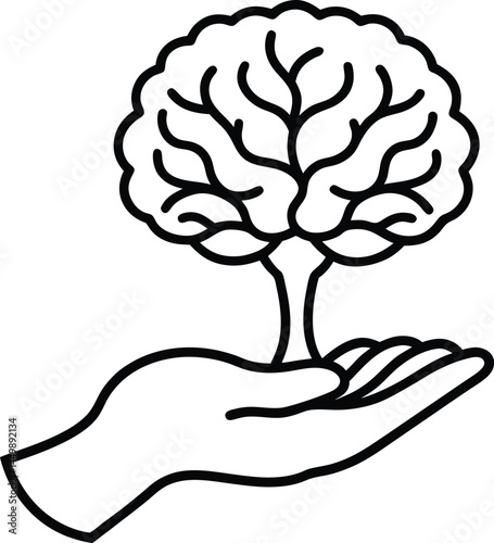 A human hand holds a brain shaped like a tree, isolated on white