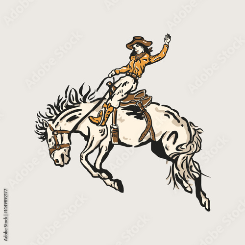 Cowboy Bucking Horse Illustration Retro Art