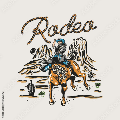 Rodeo Cowgirl Cactus Desert Illustration