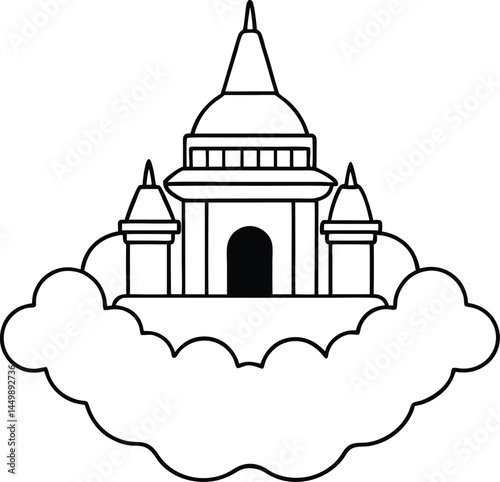 Line art depicts an Asian pagoda floating serenely on top of soft clouds, transparent background