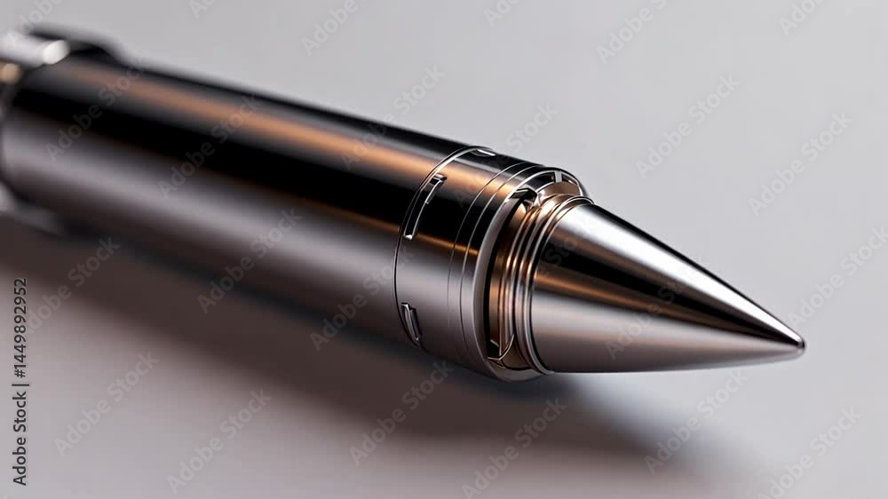 Close-up view of a sleek, metallic missile, showcasing its detailed design and pointed tip, against a neutral background.