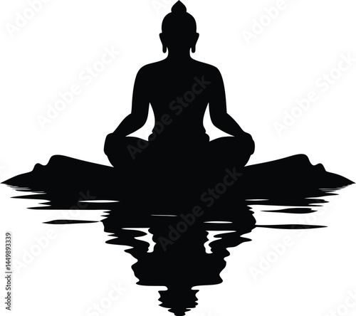 Buddha meditating peacefully with ripple reflection shown as a in transparent background