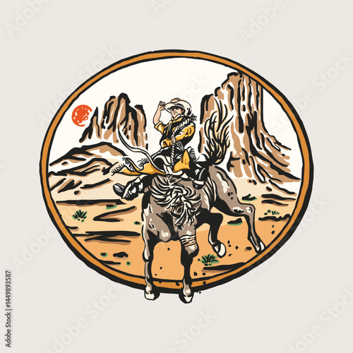Cowboy Riding Desert Horse Scene Illustration