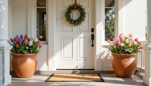 Beautiful doorway decorated with flowers and a wreath during the spring season in a sunny neighborhood