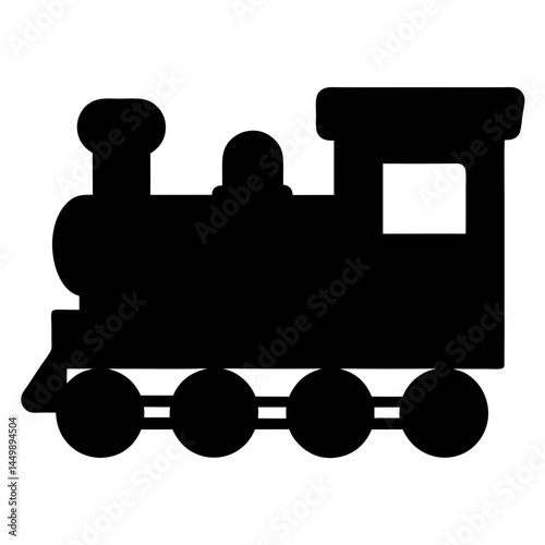 A simple black silhouette of a toy train engine and wheels