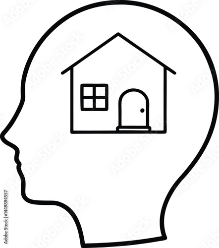 Simple house resides inside of the mind's silhouette, set against a transparent backdrop