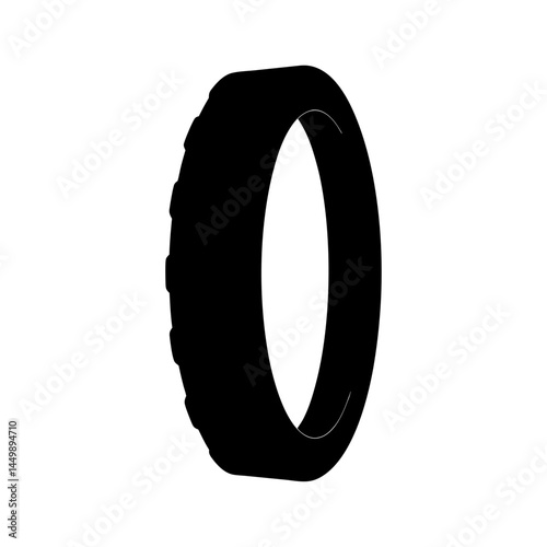 A black tire in silhouette showcases automotive design on white background