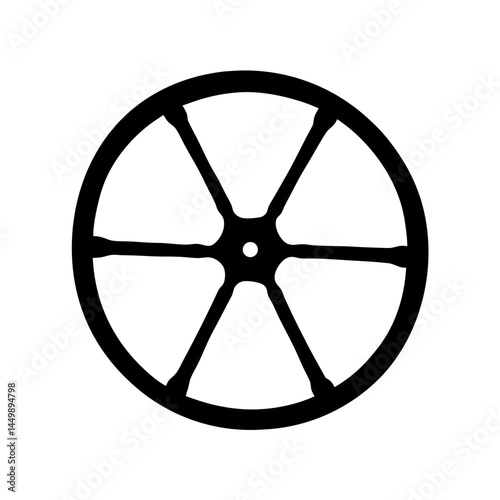 Black and white image of a wheel with six spokes emanating outwards