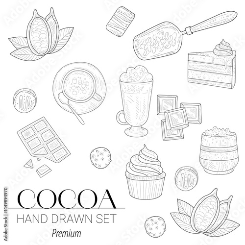 Hand-drawn vector set of cocoa, coffee, and dessert illustrations. Vintage style sketches of hot drinks, chocolate bars, coffee cups, pastries, and sweets. Perfect for café branding, menu design